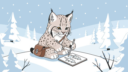 Cartoon Lynx Drawing Pine Trees In Winter Snowy Forest Scene Illustration