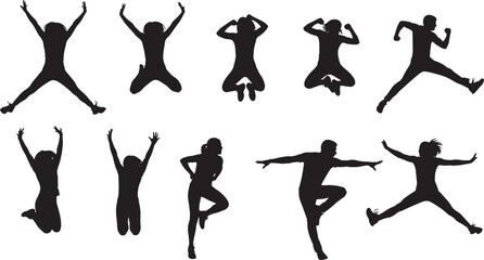 Vector illustration of silhouettes featuring dancing people, fitness gymnasts, and ballet dancers in various athletic yoga poses and jumping exercises