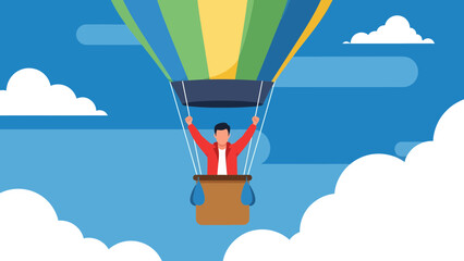 Cartoon Man Floating In A Colorful Hot Air Balloon Over Blue Sky
