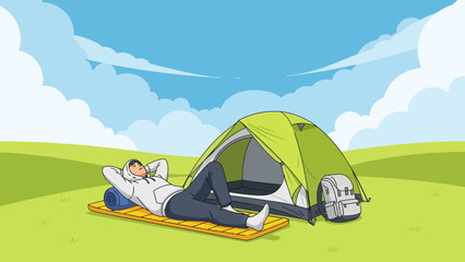 Cartoon Man Lying Relaxing Beside Tent on Grass Field with Cloudy Sky Outdoor