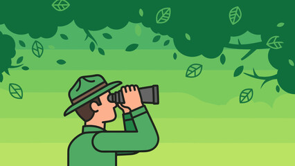 Cartoon Ranger Observing Nature Through Binoculars Illustration With Leaf Elements
