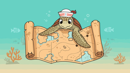 Cartoon Sea Turtle Sailor With Old Nautical Map On Ocean Background