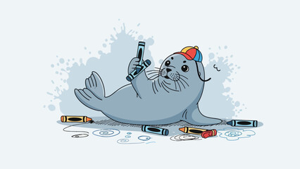 Cartoon Seal With Crayons Dressed Up In Funny Hat Drawing On Floor