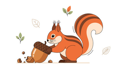 Cartoon Squirrel Enjoying Acorn Treat With Falling Autumn Leaves Illustration
