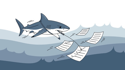 Cartoon Shark With Documents Floating Above Ocean Representing Business Risk