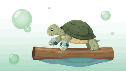 Cartoon Turtle Balancing on Log With Watches Bubbles in A Whimsical Scene