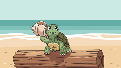 Cartoon Turtle Lifting A Seashell On A Log At The Beach During Summer