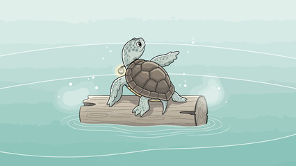 Cartoon Turtle Floating On A Log Wearing A Bitcoin Necklace In Peaceful Water