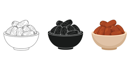 Iftar Bowls of Dates Illustration  Vector Set in Three Styles &mdash; Line Art, Silhouette and Color Version for Islamic Design, App UI, Posters and Branding Healthy Snack Option