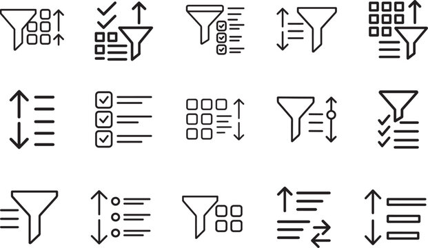 Sorting and filtering line icons set for UI with editable stroke, showing sort, filter, list and organize tools.