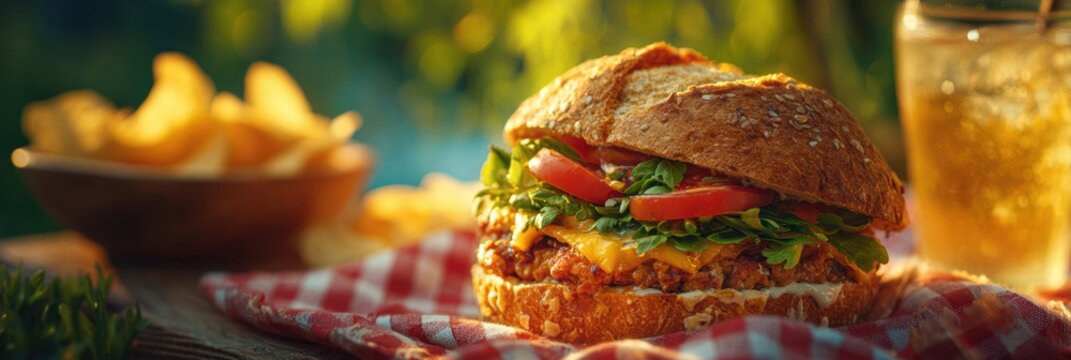 Delicious grilled cheeseburger with melted cheese, fresh tomatoes, greens, and sesame seed bun placed on a checkered cloth with potato chips and cold drink in background during a sunny outdoor meal. - Powered by Adobe