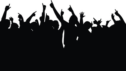 Silhouettes of people raising hands with fingers pointed upwards against a white background pointing