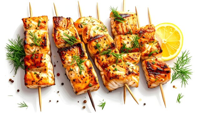 Brochetas de salm&oacute;n a la parrilla con hierbas arom&aacute;ticas y lim&oacute;n sobre fondo blanco