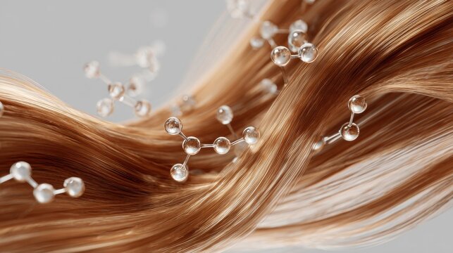 Closeup of shiny healthy brown hair strands with molecular structure overlay for haircare concept