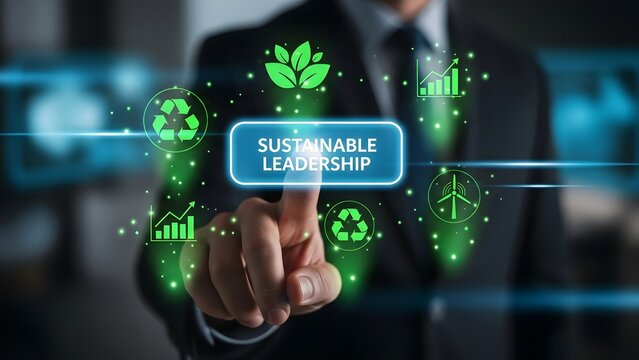 Sustainable leadership concept on a virtual interface with various environmental icons - Powered by Adobe
