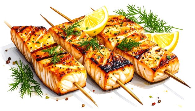 Brochetas de salm&oacute;n a la parrilla con lim&oacute;n y hierbas arom&aacute;ticas sobre fondo blanco