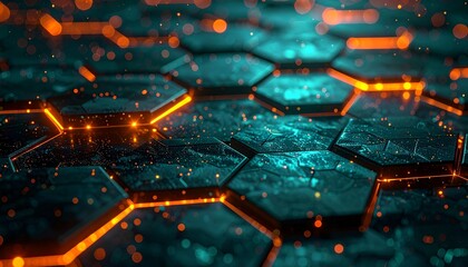 Futuristic hex network—glowing orange lines and floating tech hexagons in digital blue haze.