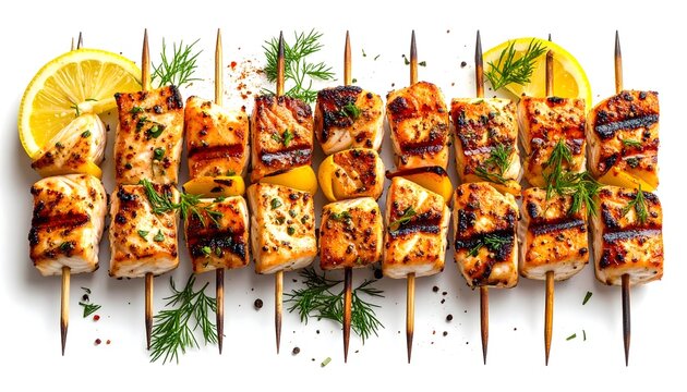 Brochetas de pollo a la parrilla con especias y hierbas arom&aacute;ticas sobre fondo claro