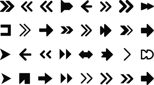 A collection of various black arrow symbols and directional icons presented in a minimalistic style on transparent background