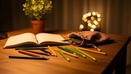 A cozy study desk with an open book and colored pencils