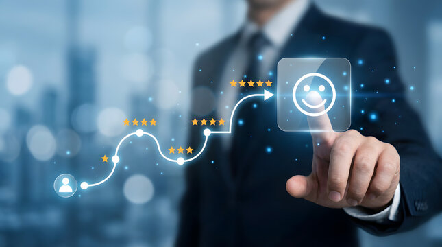 "Businessman Touching Digital Upward Growth Path to Smiley Customer Icon &mdash; Customer Success Journey, UX Improvement, Conversion Funnel and Positive KPI Trend Visualization"

