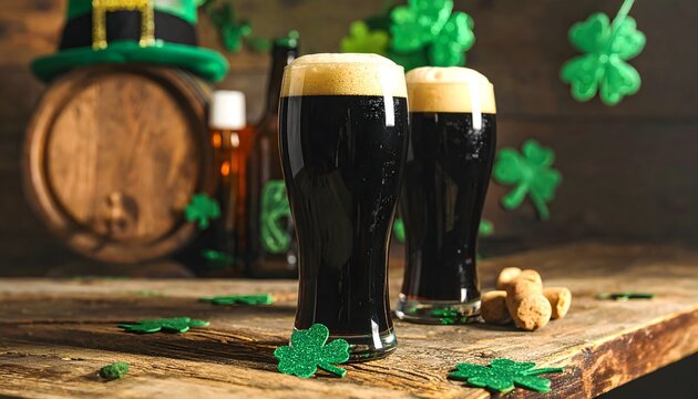 Cervezas oscuras irlandesas con tr&eacute;boles en ambiente festivo del D&iacute;a de San Patricio