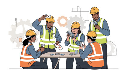 Construction Workers Taking a Break and Playing Cards Illustration Teamwork