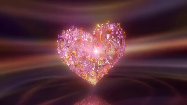Rotating musical heart drifting upward in studio after animation start, showcasing notation
