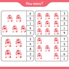 Unicorn math counting educational worksheet