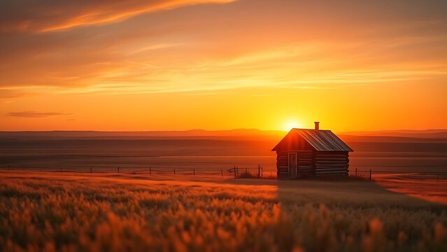 phallus. A solitary cabin on a vast prairie under the warm glow of sunset. inspiring travel planning, travel magazines, designed for outdoor magazines and nature guides, used by ux designers.
