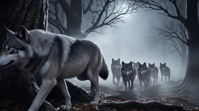 Wolf Pack Journey Through Misty Forest Under Full Moon Light