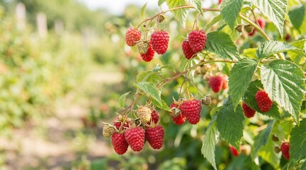 Ripe red raspberries growing on green bushes in summer garden  