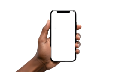 Mockup of a hand holding a smartphone with blank white screen