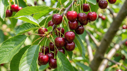Ripe red cherries hanging from green leaves on tree branch  