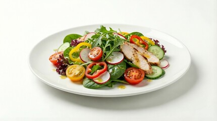 Fresh salad with grilled chicken, tomatoes, and greens on a plate  