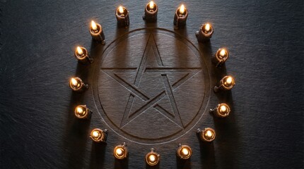 Candles arranged around a pentagram on dark wooden surface  