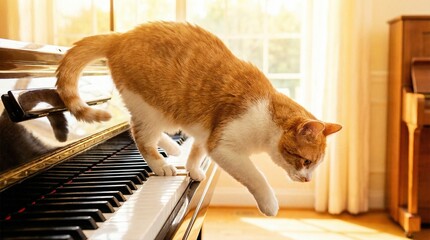 Cat walking across piano keys in bright, sunny room  