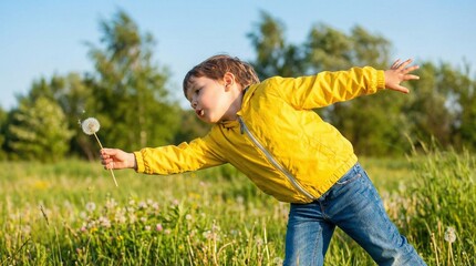 Child wearing yellow jacket blowing dandelion seeds in spring field  