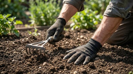 Gardener using hand rake to loosen soil in vegetable garden