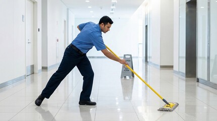 Janitor mopping clean hallway with yellow mop in office building  