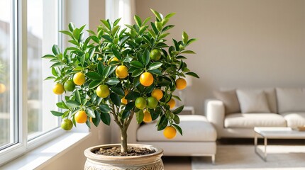 Indoor citrus tree with ripe fruits in modern living room setting  