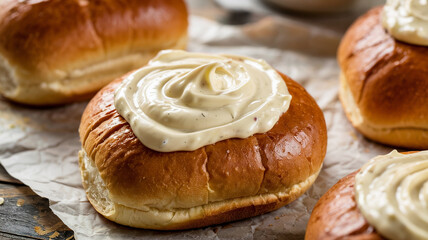 Vegan garlic aioli is spread generously on the bun