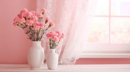 Mothers Day, Valentines Day, love holiday theme. Two white vases filled with vibrant pink carnations placed on a window sill beside a pink wall. The window is framed by a white lace curtain.