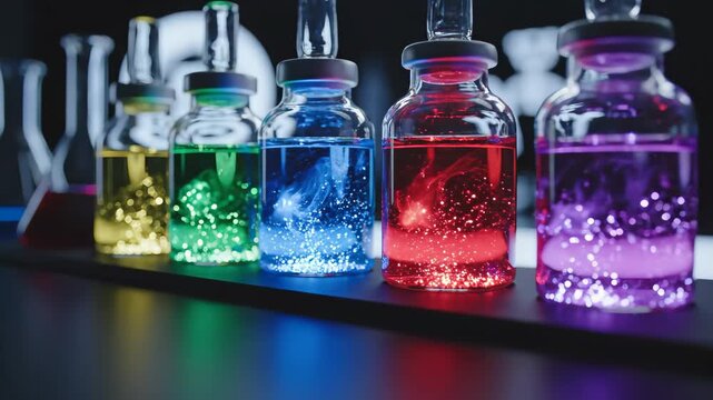 Capture vibrant glowing vials displaying magical luminous liquid scie