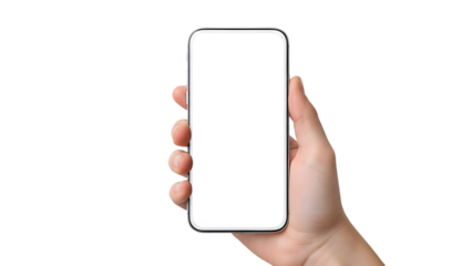 Mockup of a hand holding a smartphone with blank white screen