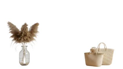 Mockup of stylish woven handbag and dried floral arrangement on black background