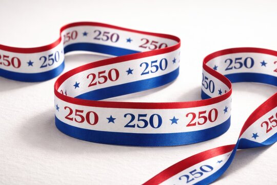 Cinta conmemorativa del 250 aniversario de Estados Unidos con colores rojo, blanco y azul. Dise&ntilde;o elegante y reutilizable para decoraci&oacute;n, regalos, eventos oficiales, broches patri&oacute;ticos, celebraci&oacute;n