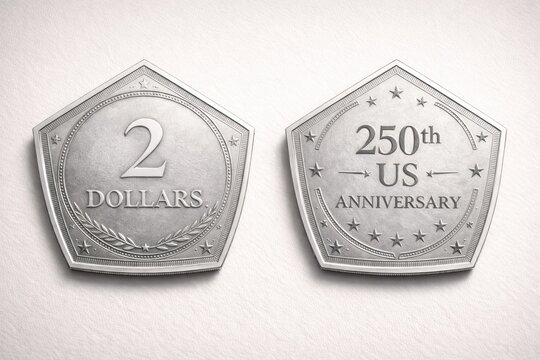 Moneda conmemorativa plateada de forma pentagonal con valor simb&oacute;lico de 2 d&oacute;lares y texto &ldquo;250th US Anniversary&rdquo;. Dise&ntilde;o ceremonial y coleccionable, no circulante, ideal para educaci&oacute;n, celebraciones