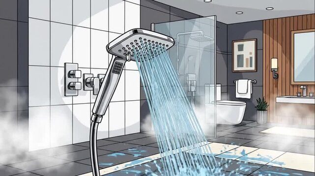 Modern Shower Running Water Steamy Bathroom Illustration