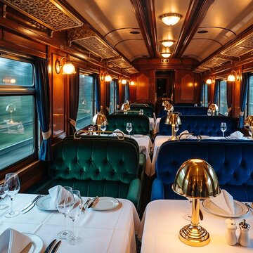 Luxurious Vintage Train Dining Car Interior with Elegant Table Settings.